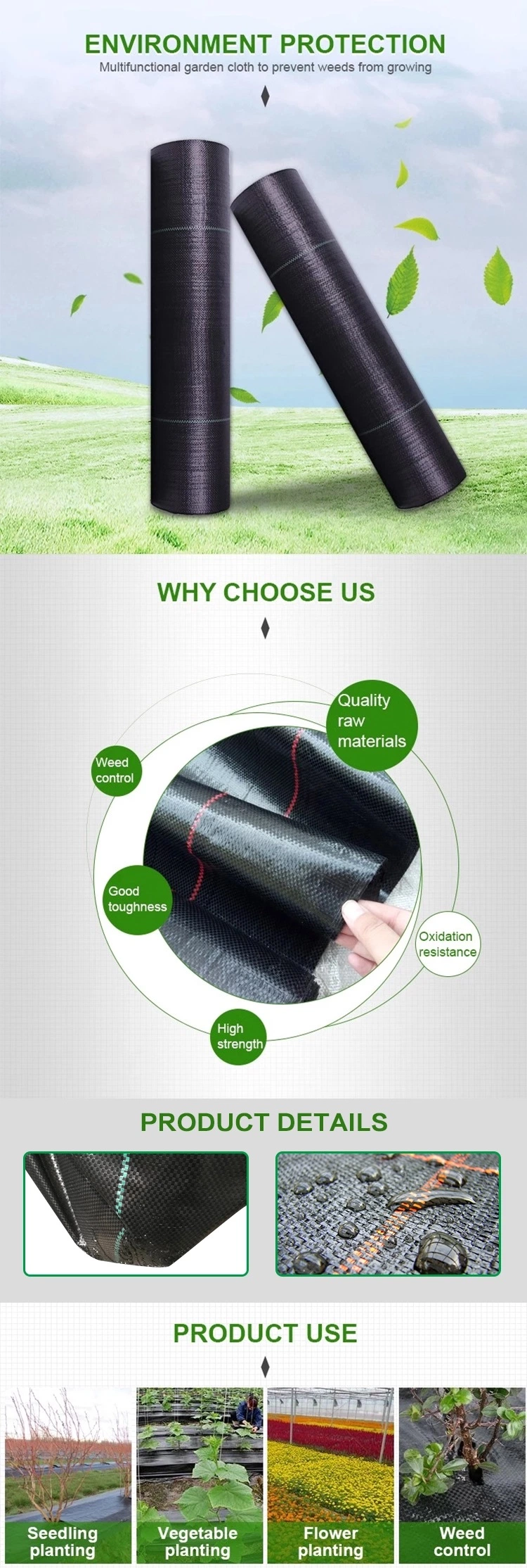 OEM Black/Green/White Color Agriculture Garden Anti UV PP Woven Geotextile Ground Cover Weedblock Control Barrier Landscape Fabric Weed Mat